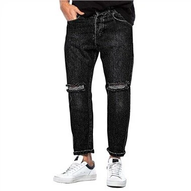 Celana Jeans Pria Lubang Robek Kaki Lurus Pria