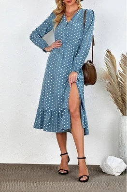 Gaun Midi Kerut Celah Tinggi Polka Dot